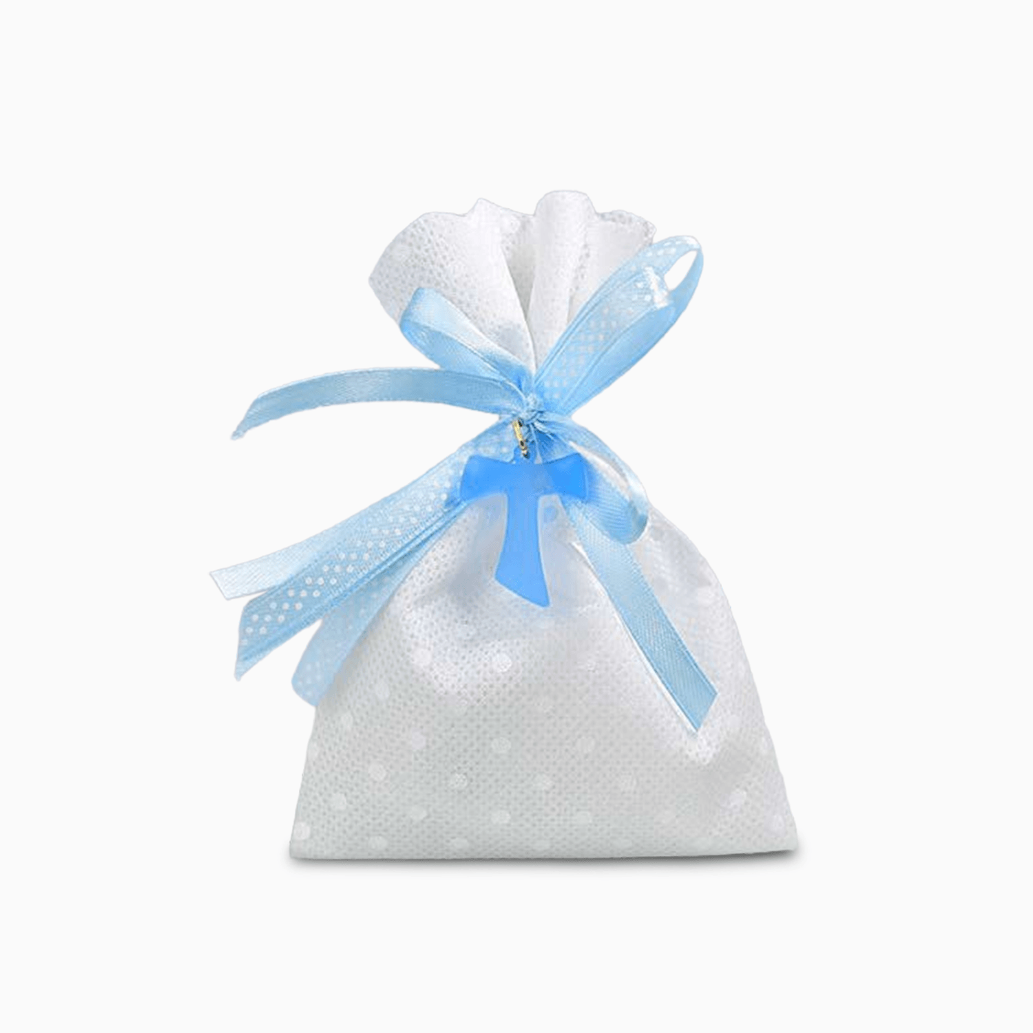 Sacchetto Portaconfetti in Tessuto Bianco a Pois con Nastro Azzurro e –  Albalu Bomboniere