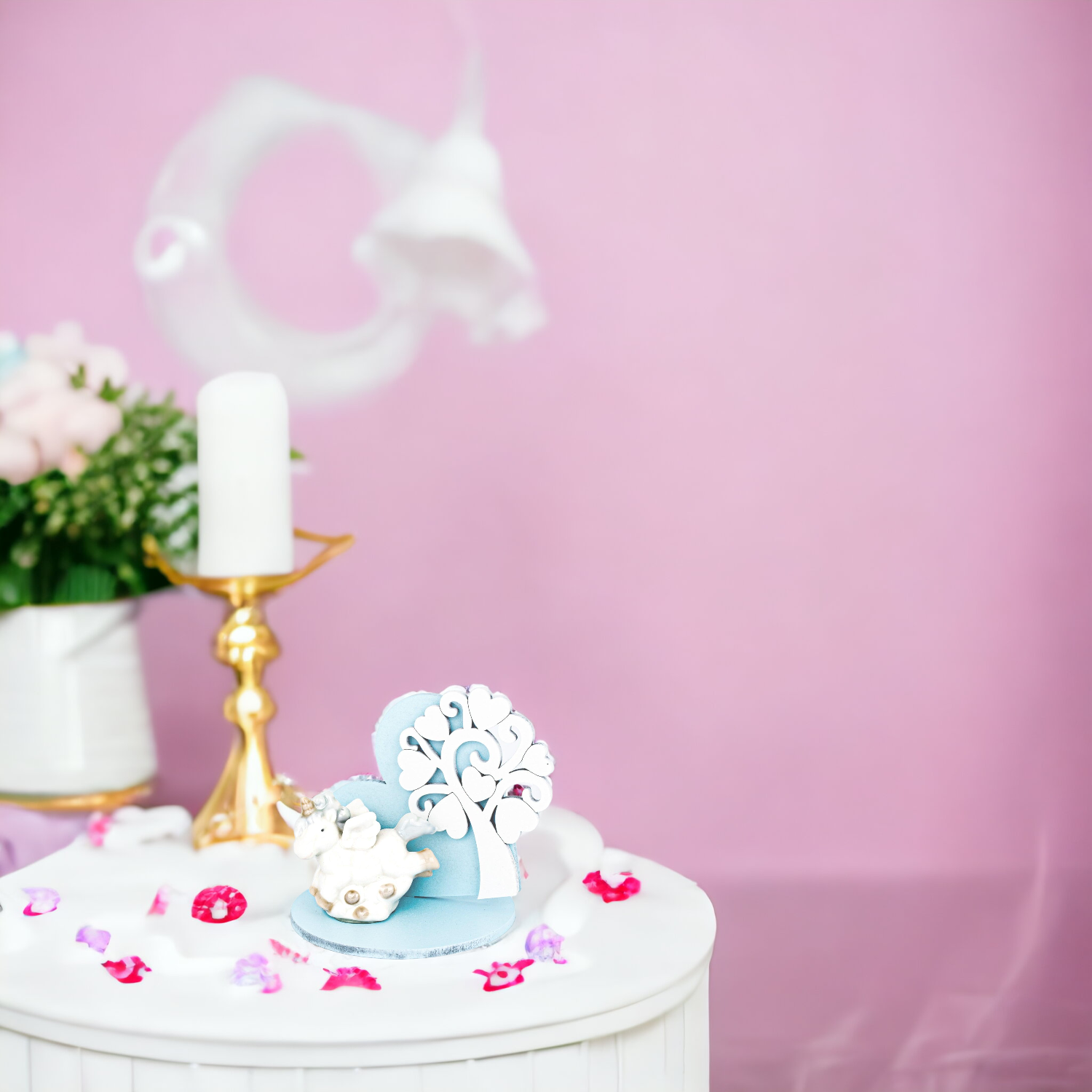 Bomboniera Albero della Vita In Legno Con Applicazione Unicorno In Porcellana Rosa e celeste per Nascita e Battesimo