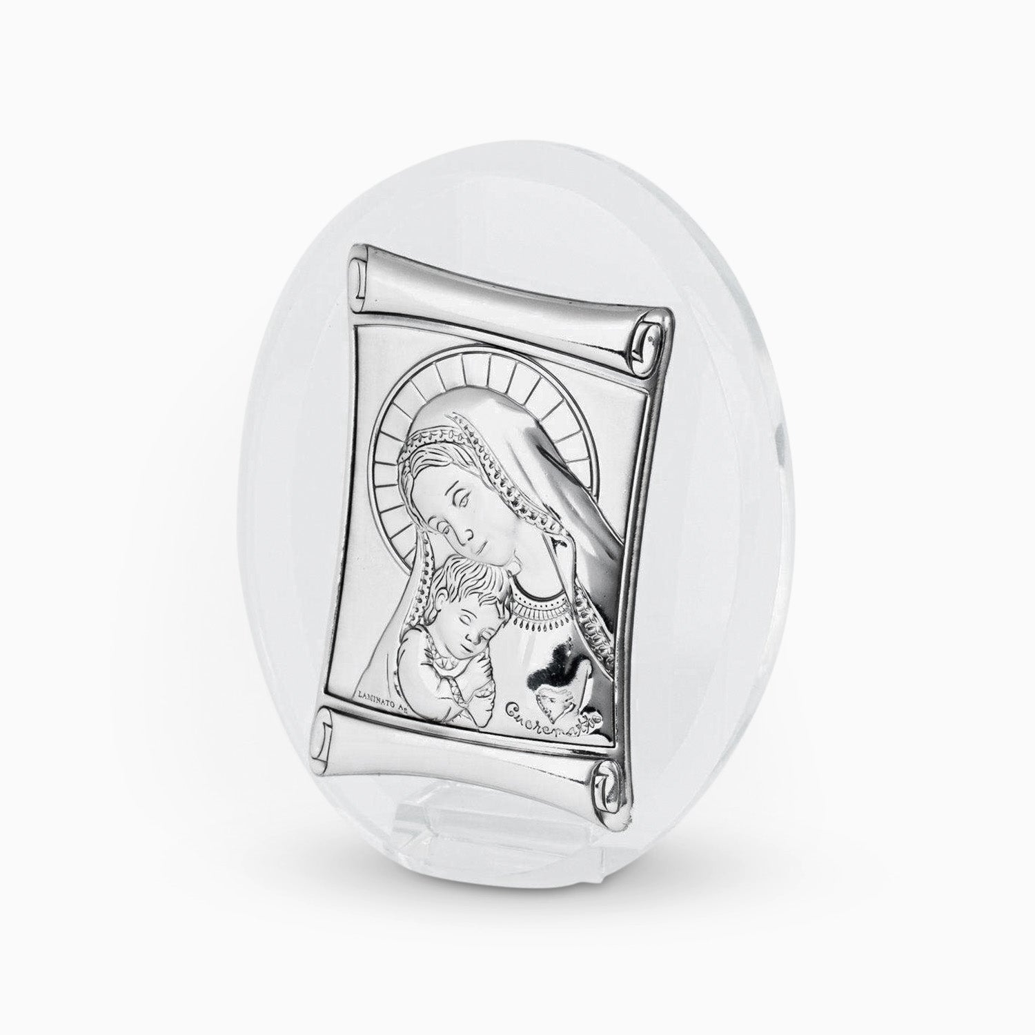 Icona Sacra da Appoggio Maternità in Cristallo con Placca in Argento Laminato