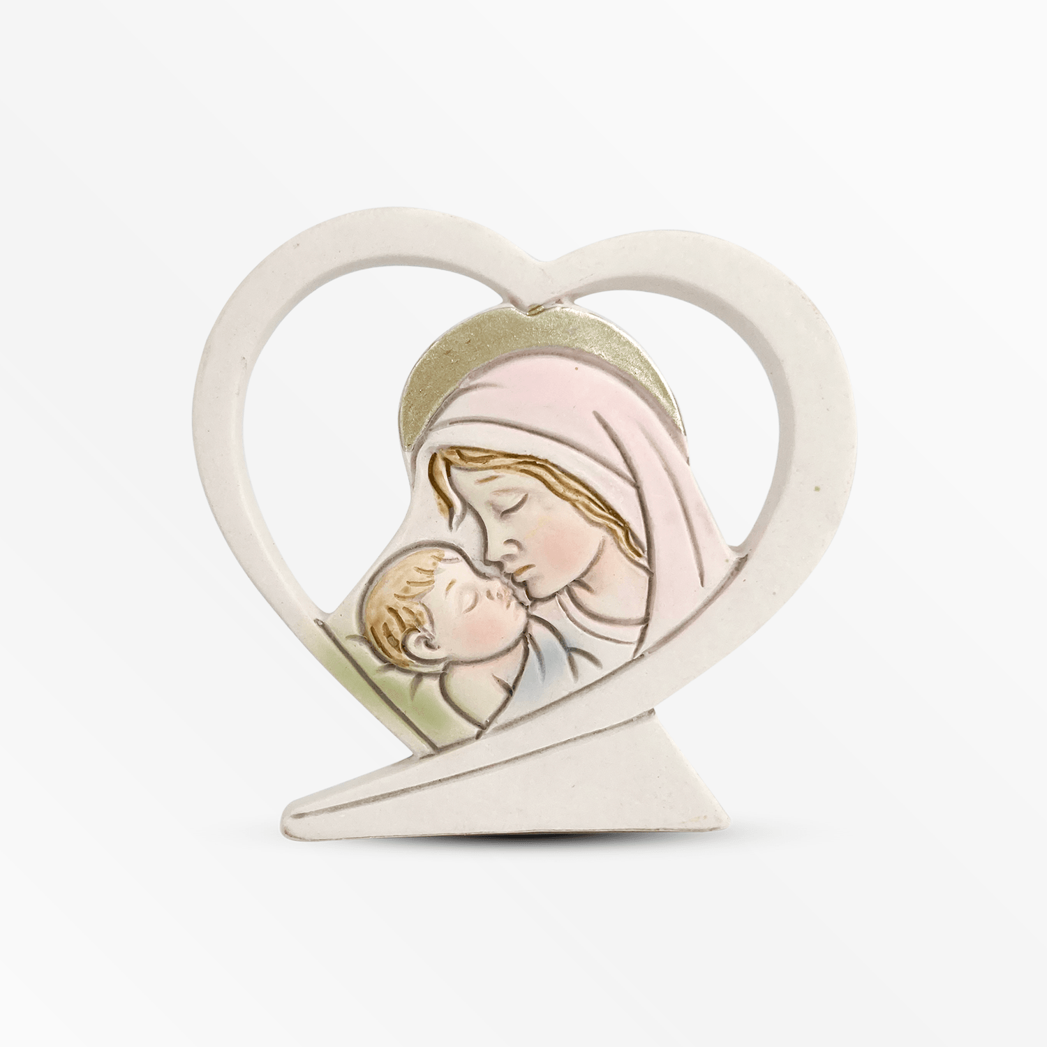 Icona in Resina Cuore da Appoggio Sacra Famiglia e Maternità Decorata a mano Applicazioni in Resina e Gesso Albalu Bomboniere Maternità  