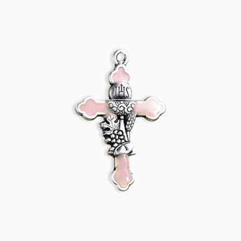 Ciondolo a forma di Croce in Zama Argentata con Dettaglio Calice Comunione e foro per Portachiavi Ciondoli Albalu Bomboniere Rosa  