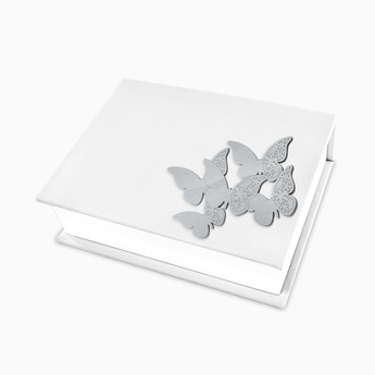 Cofanetto Portagioie in Eco Pelle Bianca a Forma di Libro con Applicazione Farfalle Grigie in Legno Sagomato Albalu Bomboniere