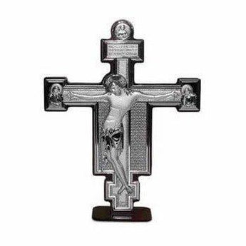 Crocifisso Cristo Croce in Argento Laminato Retro e Base in Legno da Appoggio Albalu Bomboniere