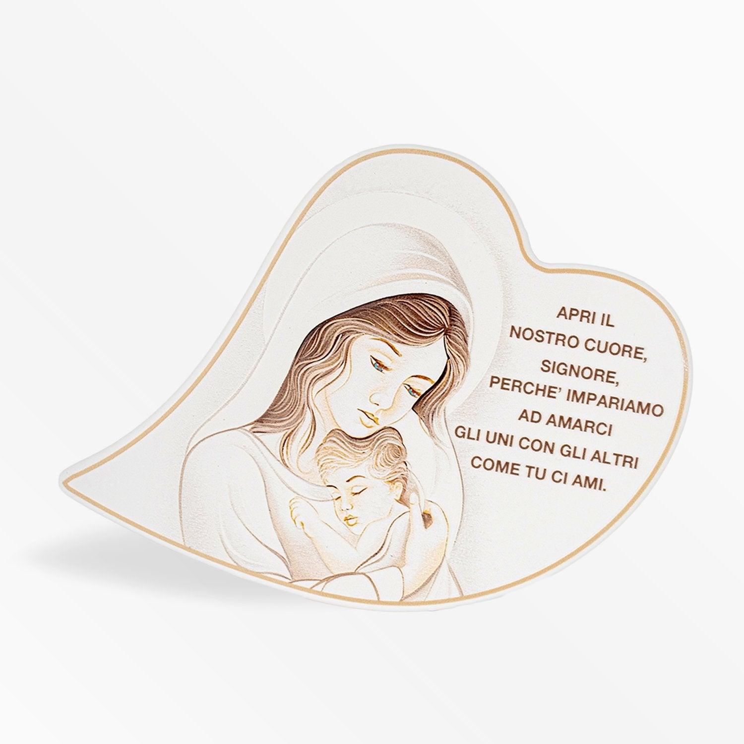 Icona Cuore a Tema Maternità o Sacra Famiglia con Frase stampata a rilievo su Legno Laccato Albalu Bomboniere