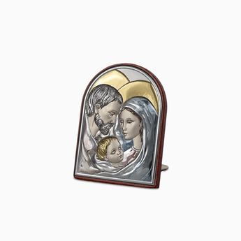 Icona Sacra Ad Arcata in Argento Laminato Colorato Con Retro In Legno Laccato e Piedino da Appoggio Icone Sacre Albalu Bomboniere Sacra Famiglia  