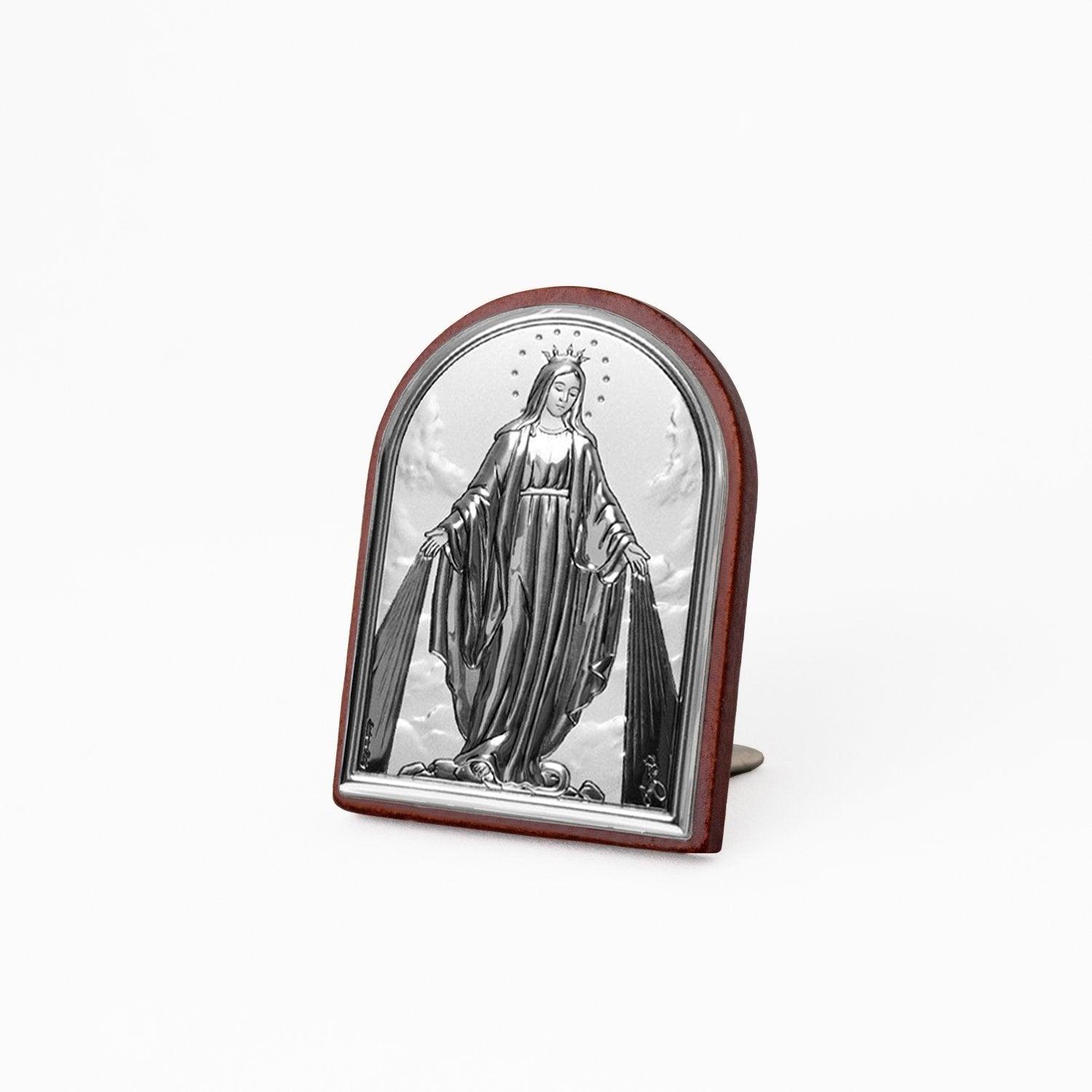 Icona Sacra Ad Arcata in Argento Laminato Con Retro In Legno da Appoggio e Muro Icone Sacre Albalu Bomboniere Madonna Miracolosa Mini 