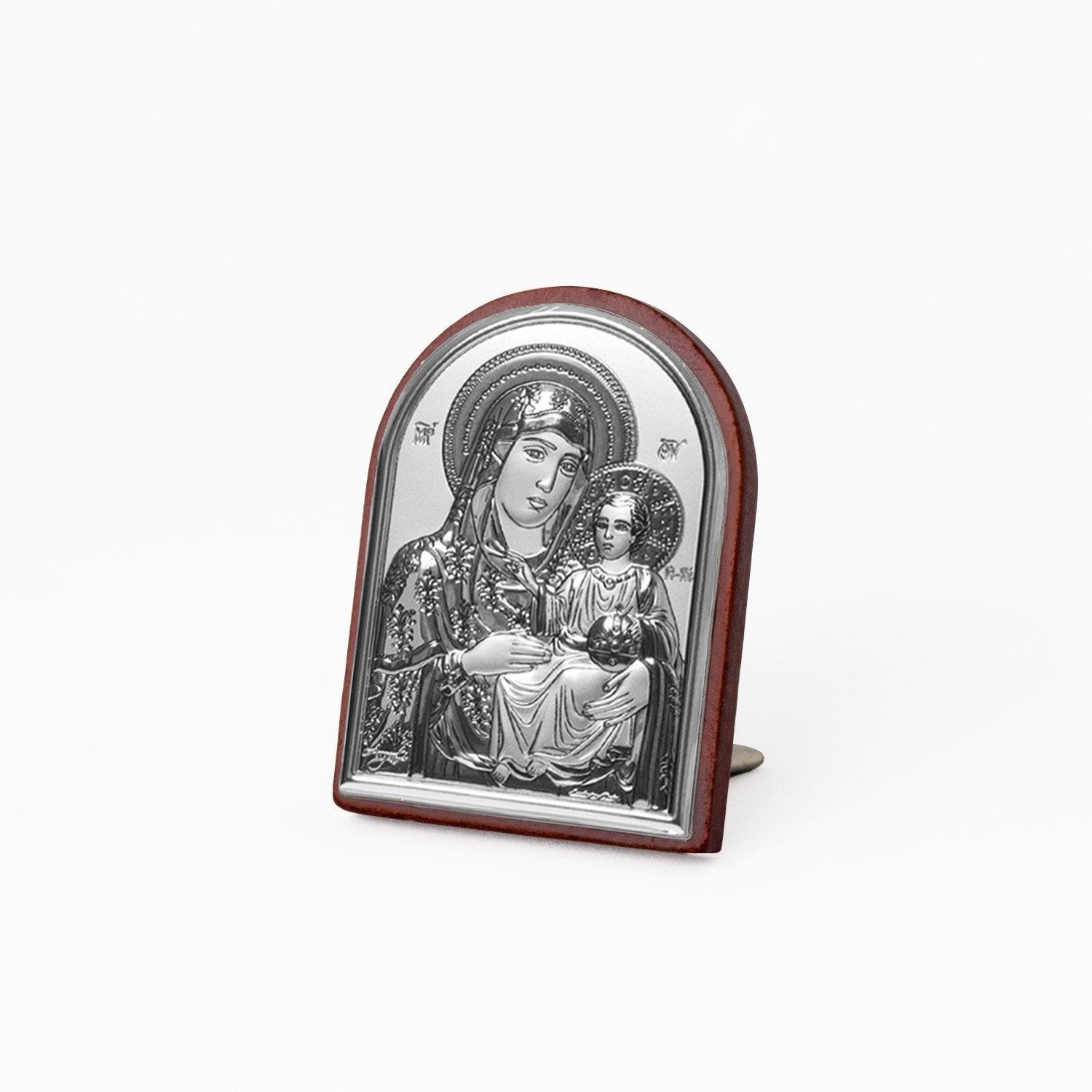 Icona Sacra Ad Arcata in Argento Laminato Con Retro In Legno da Appoggio e Muro Icone Sacre Albalu Bomboniere Madonna di Gerusalemme Mini 