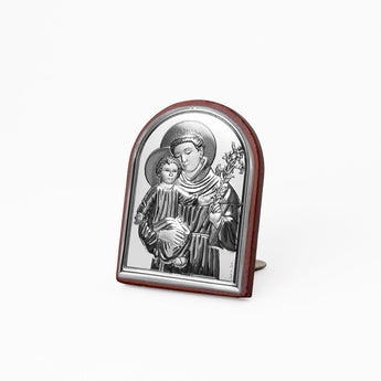 Icona Sacra Ad Arcata in Argento Laminato Con Retro In Legno da Appoggio e Muro Icone Sacre Albalu Bomboniere Sant'Antonio Mini 