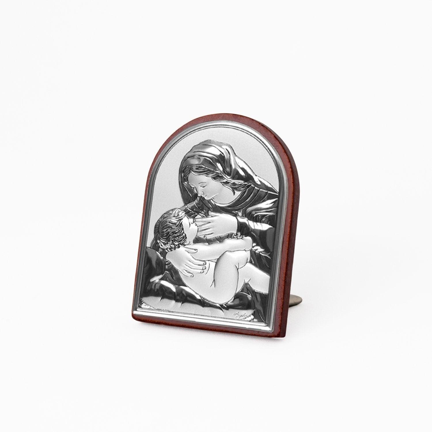 Icona Sacra Ad Arcata in Argento Laminato Con Retro In Legno da Appoggio e Muro Icone Sacre Albalu Bomboniere Madonna che Allatta Mini 