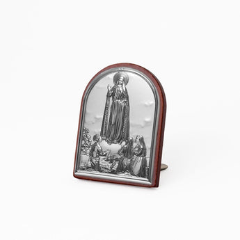 Icona Sacra Ad Arcata in Argento Laminato Con Retro In Legno da Appoggio e Muro Icone Sacre Albalu Bomboniere Madonna di Fatima Mini 