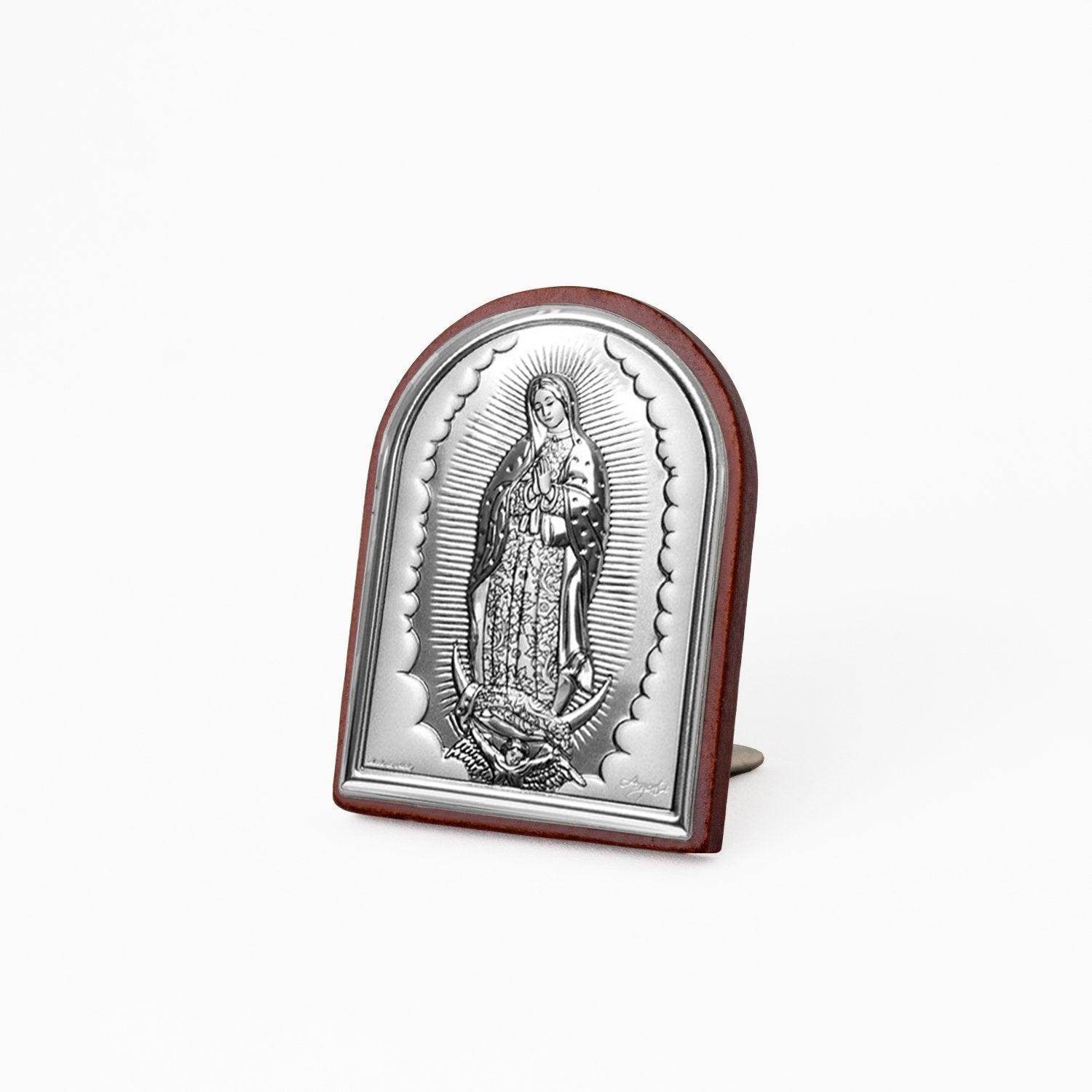 Icona Sacra Ad Arcata in Argento Laminato Con Retro In Legno da Appoggio e Muro Icone Sacre Albalu Bomboniere Madonna di Guadalupe Mini 