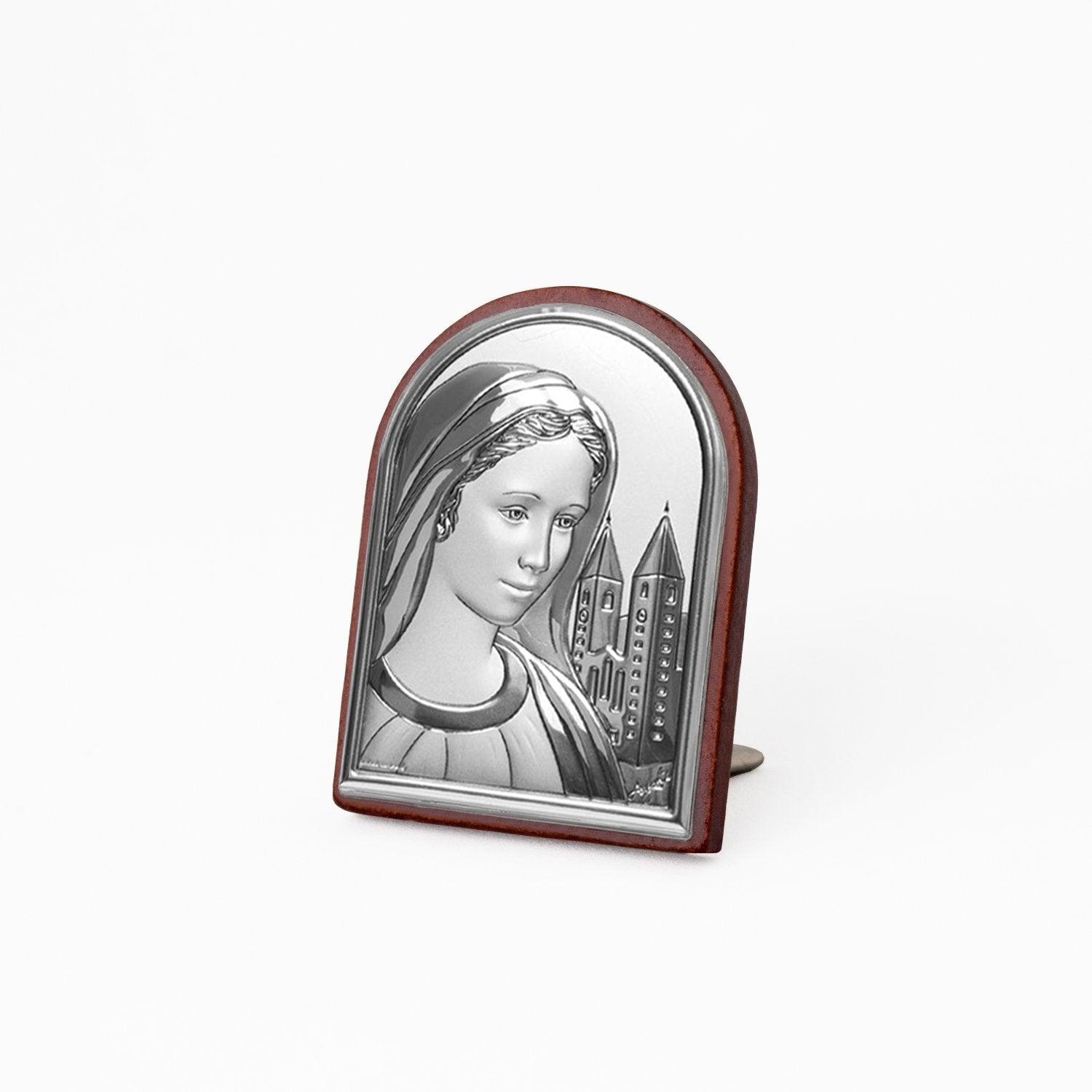 Icona Sacra Ad Arcata in Argento Laminato Con Retro In Legno da Appoggio e Muro Icone Sacre Albalu Bomboniere Madonna di Međugorje Mini 