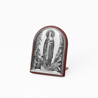 Icona Sacra Ad Arcata in Argento Laminato Con Retro In Legno da Appoggio e Muro Icone Sacre Albalu Bomboniere Madonna di Lourdes Mini 