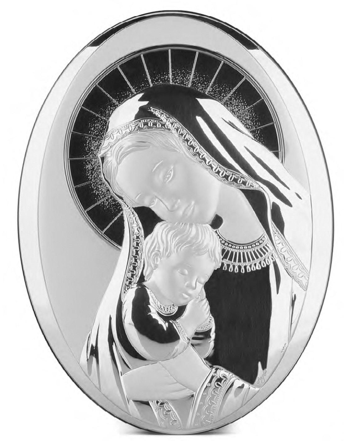 Icona Sacra Madonna con Bambino Capezzale Ovale da Muro Argentato e Colorato Icone Sacre Albalu Bomboniere Argento  