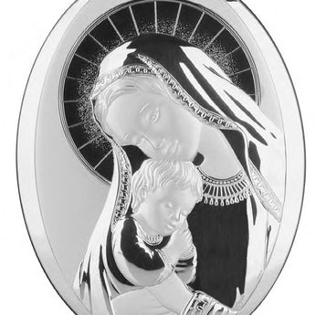 Icona Sacra Madonna con Bambino Capezzale Ovale da Muro Argentato e Colorato Icone Sacre Albalu Bomboniere Argento  