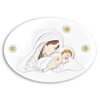 Icona Sacra Maternità Legno con Margherite in rilievo Battesimo Comunione Cresima Icone Sacre Albalu Bomboniere   