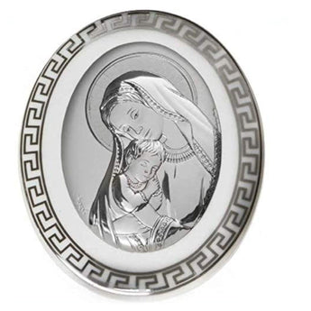 Bomboniera Icona Sacra Ovale in Argento con retro in Porcellana da appoggio Icone Sacre Albalu Bomboniere Madonna con Bambino  