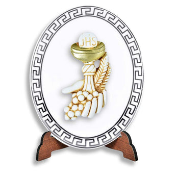 Icona Sacra Ovale Ceramica retro Legno Calice Comunione Albalu Bomboniere