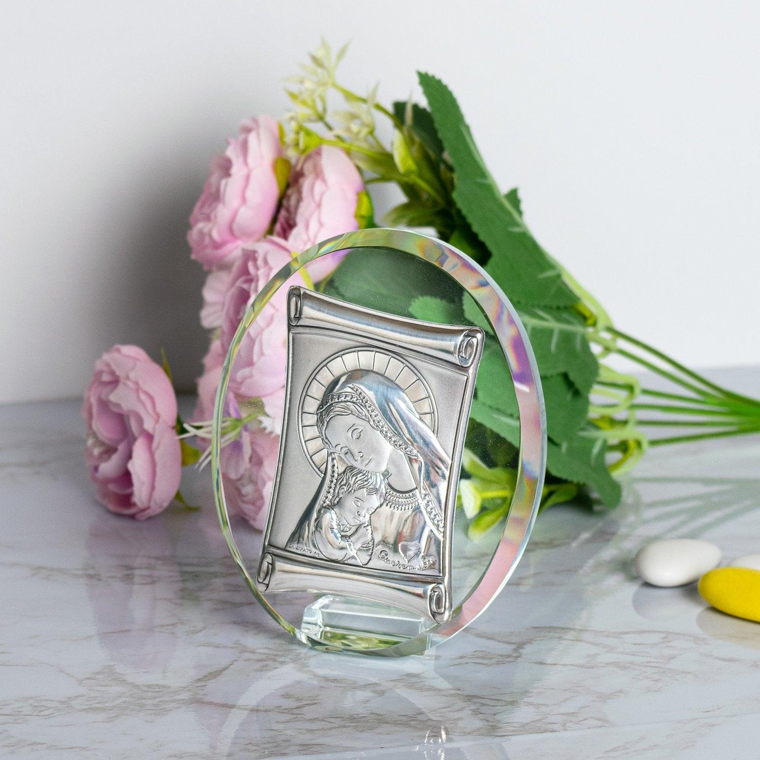 Icona Sacra da Appoggio Maternità in Cristallo con Placca in Argento Laminato Cristalli Albalu Bomboniere   