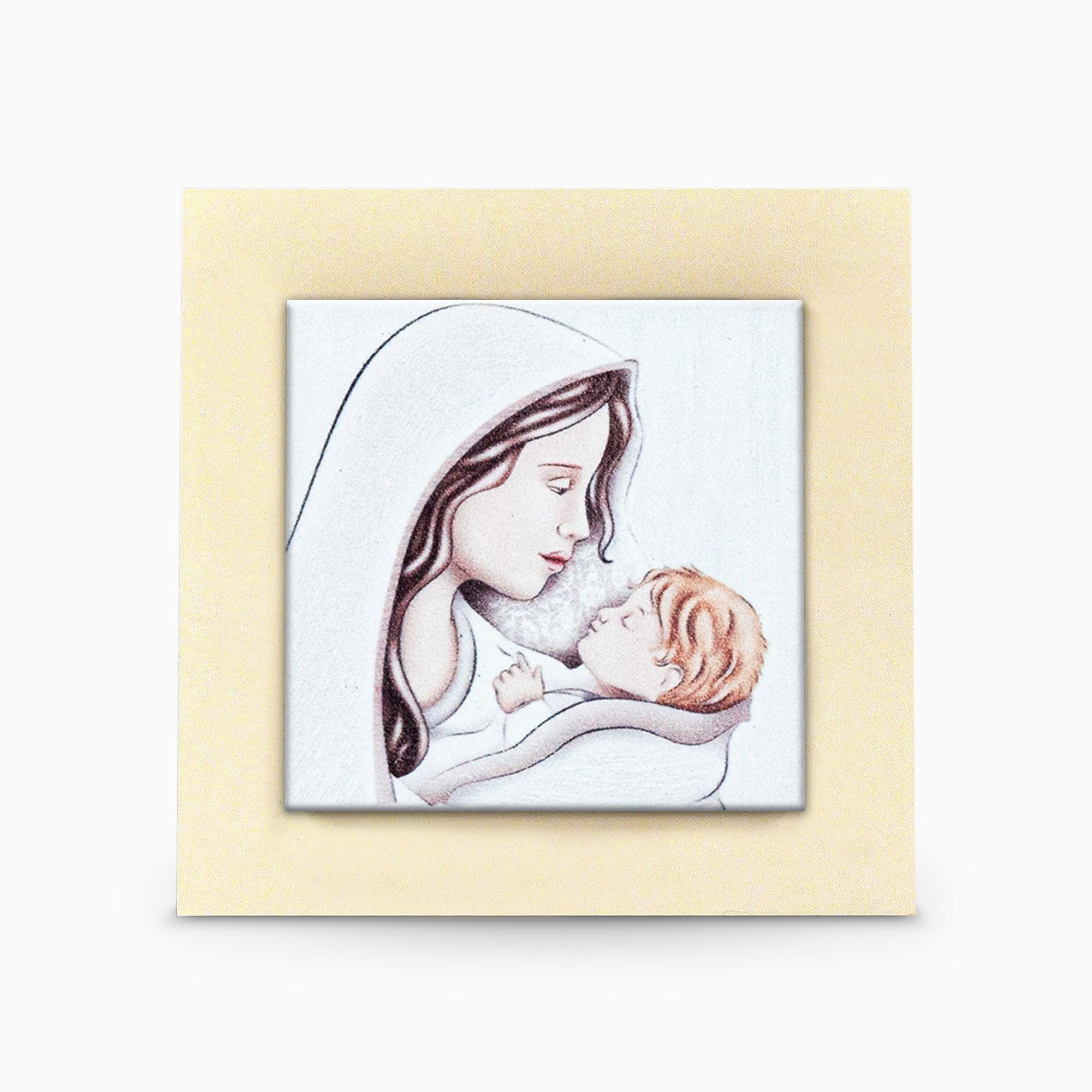 Icona in Legno con Piastrella in Gres Decorata a Tema Sacra Famiglia o Maternità e Piedino da Appoggio Quadretti Albalu Bomboniere Maternità Standard 