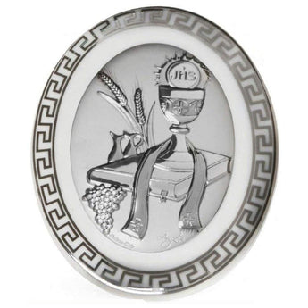 Icona in Porcellana da appoggio con Placca Calice Comunione Argentata Icone Sacre Albalu Bomboniere   
