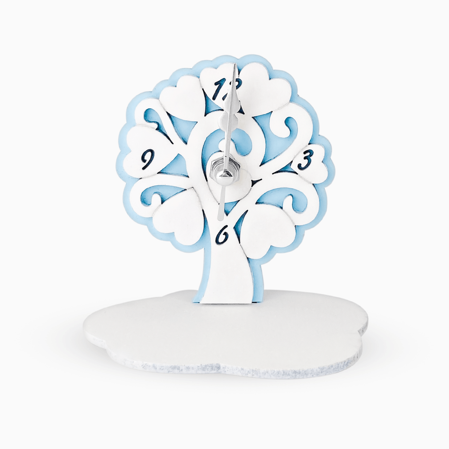 Orologio Albero della Vita da Tavolo in Legno Laccato Doppio Strato con Base a Forma di Nuvoletta e Numeri Incisi Albalu Bomboniere