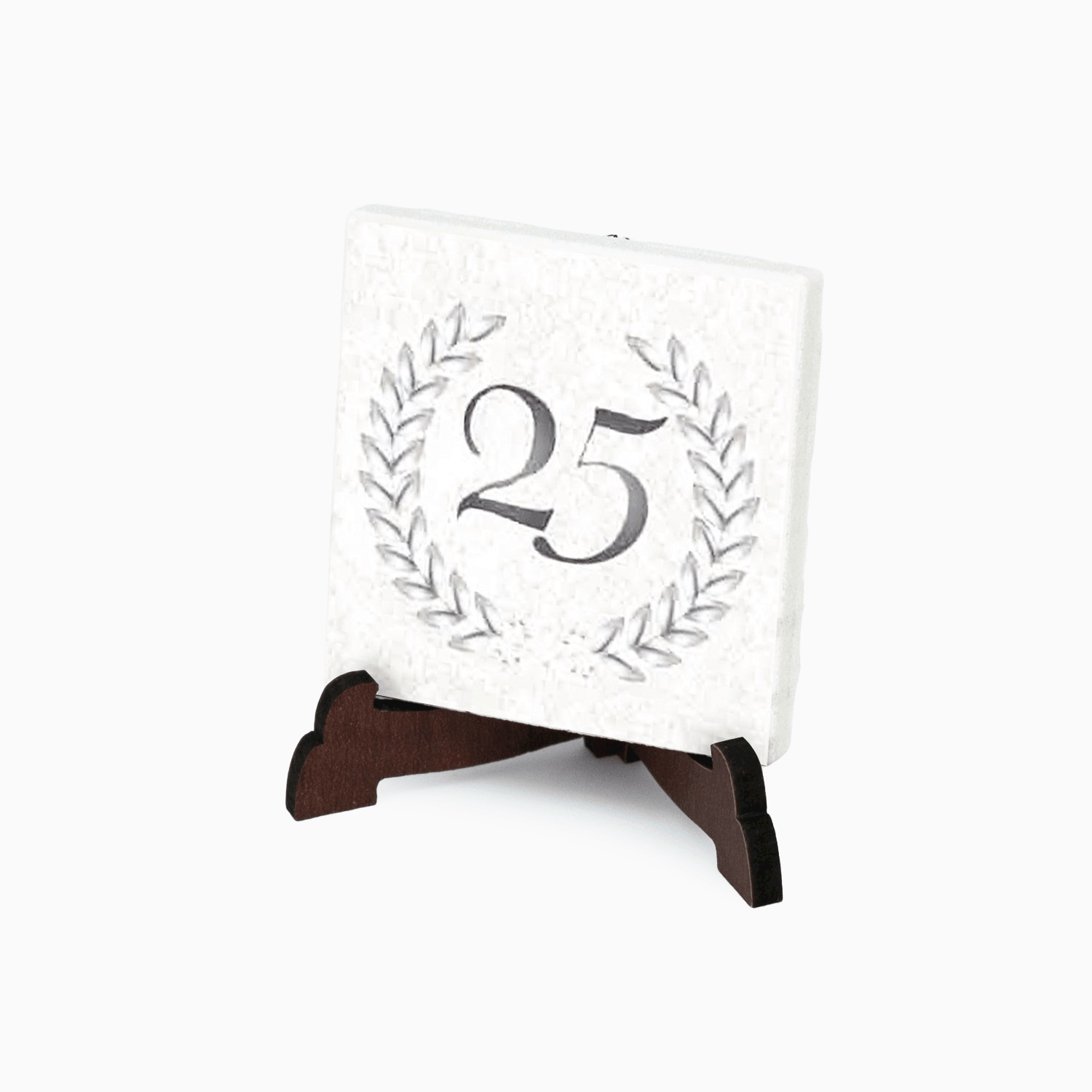 Piastrella Anniversario Quadrata in Gres Porcellanato Decorata con supporto da Appoggio in PVC e Magnete Magneti Albalu Bomboniere 25 anni  