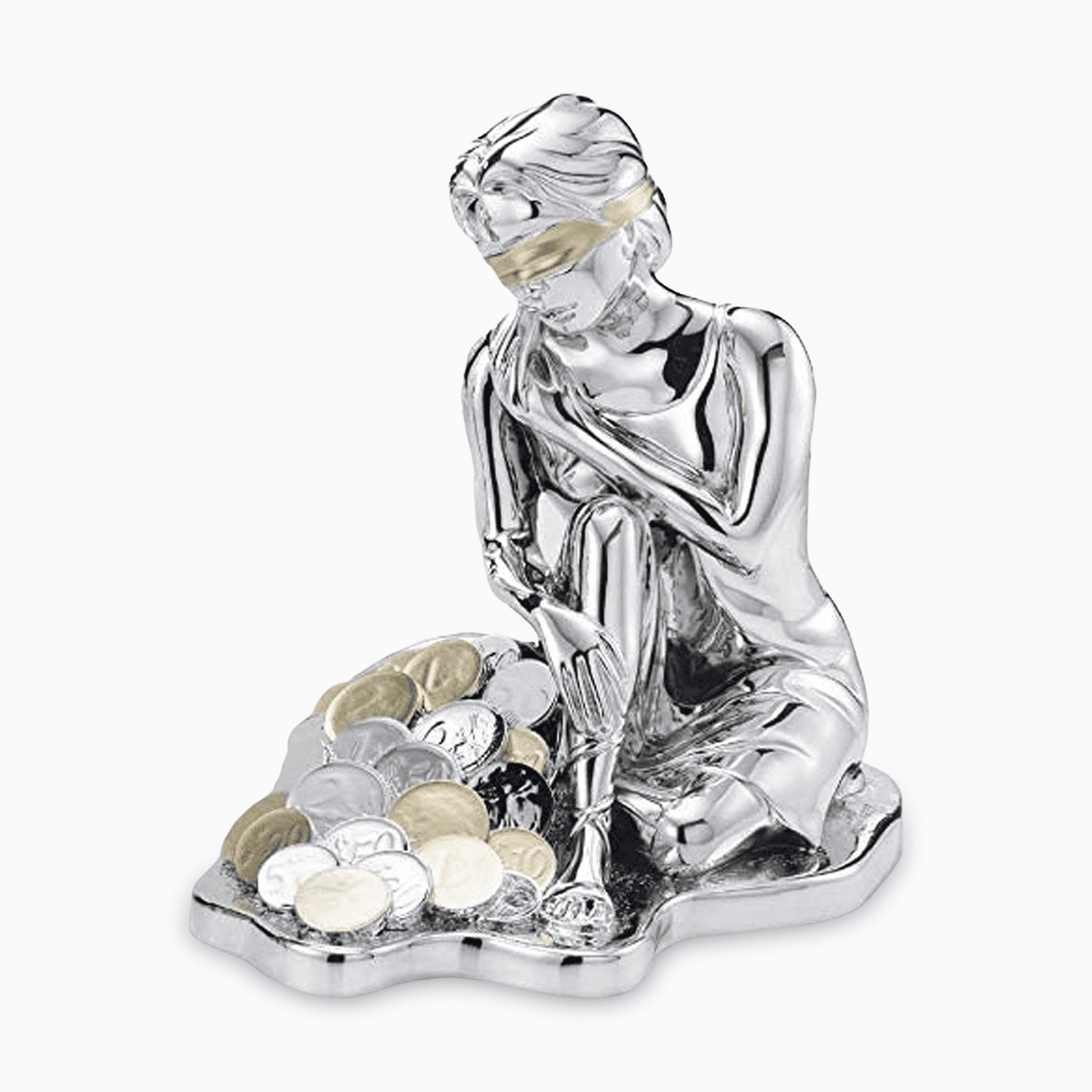 Statua della Dea Bendata Portafortuna in Resina Argentata Seduta su Soldi Oro e Argento Albalu Bomboniere